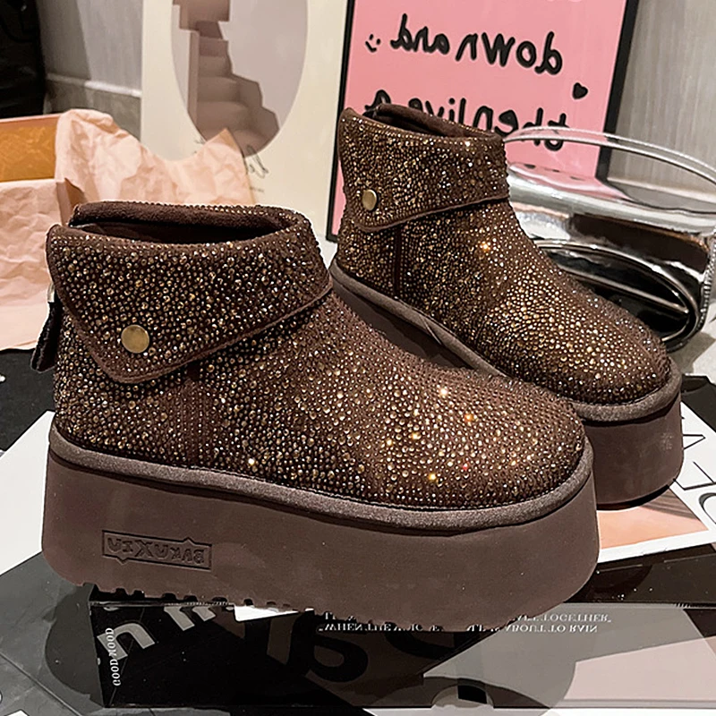 

Women's Winter Boots Design Fashion Rhinestone Lapel Suede Brown Ankle Boots Plush Platform Non-slip Casual Winter Shoes Woman
