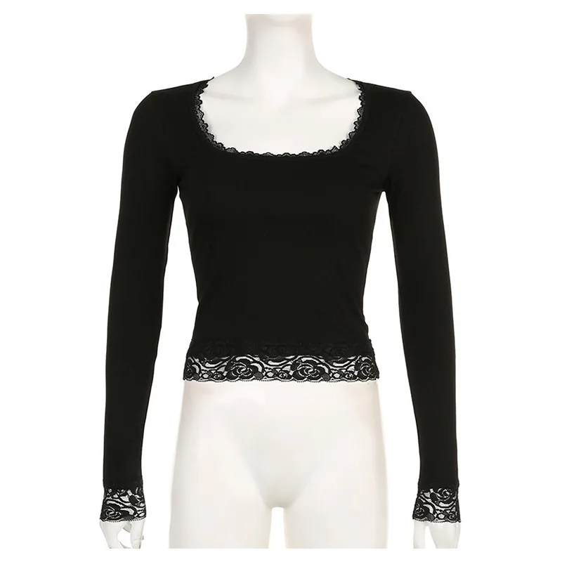 2000er Jahre Grafik T-Shirt Vintage Fee Grunge Damen Herbst Spitzenbesatz Langarm Slim Fit Tops y2k Kleidung Basic Harajuku T-Shirts