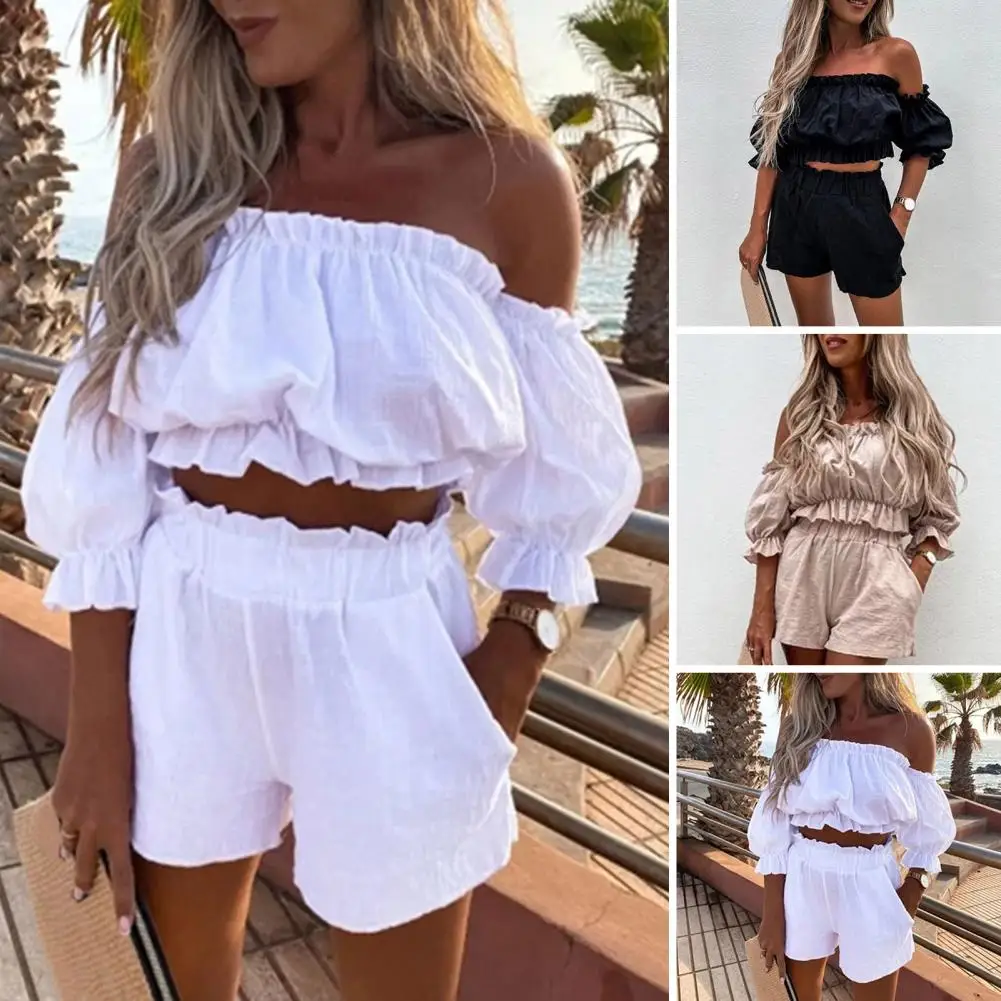 

Loose Fit Top Shorts Suit Stylish Women's Crop Top Shorts Set with Bubble Sleeve Shirring Off Shoulder Design High for Club