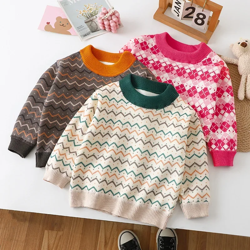 Baby Boys Girls Thicken Warm Pullover Sweater New 2024 Autumn Winter Kids Striped Knitwear Sweaters Tops Casual Clothing