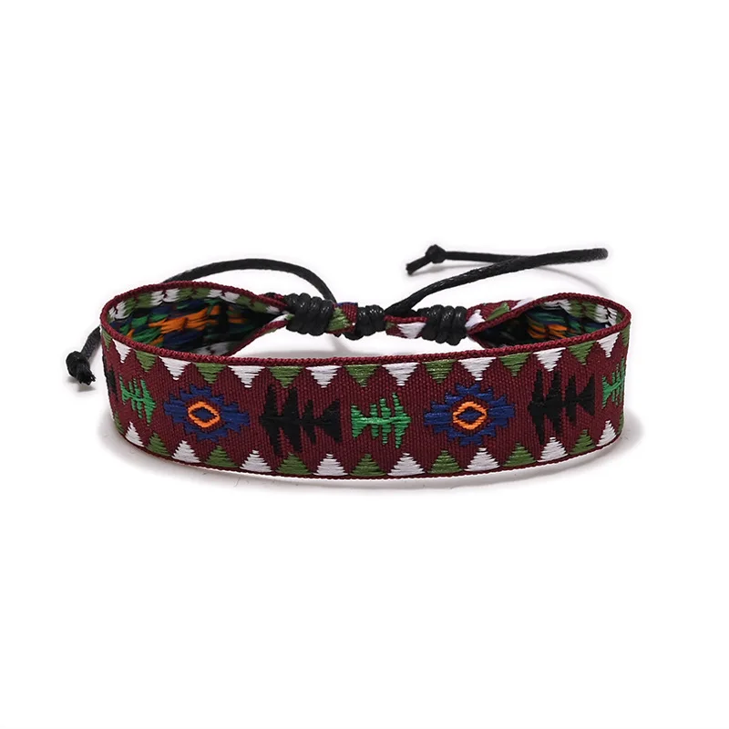 Meetvii 4pcs Handmade Vintage Fish Bone Diagram Ribbon Bracelets Ethnic Style Color Matching Rope Chain Bracelets Jewelry