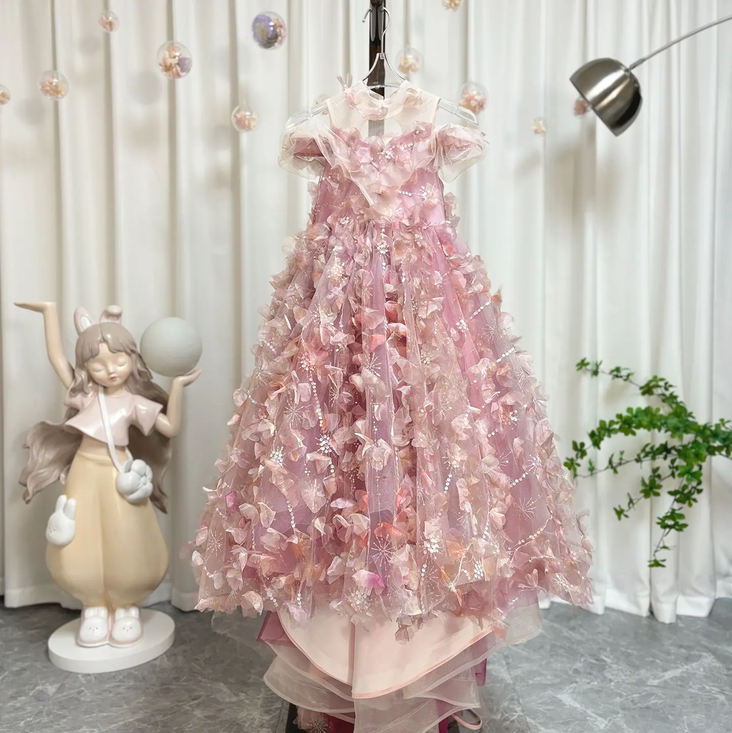 Robe de luxe rose pour filles, avec fleurs, princesse, fête d'anniversaire, de mariage, robe de sainte Communion pour enfants, 2025