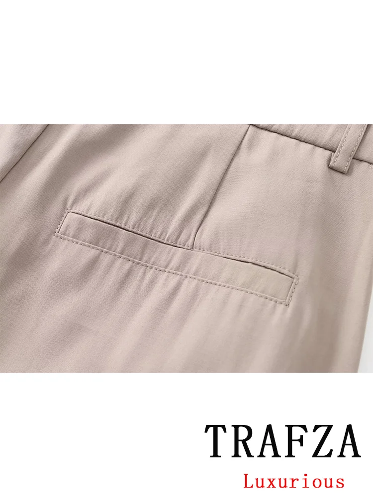 TRAFZA Vintage Casual Chic Women Pants Solid Draped Pockets Straight Loose Pants New Fashion 2024 Summer Holiday Trousers