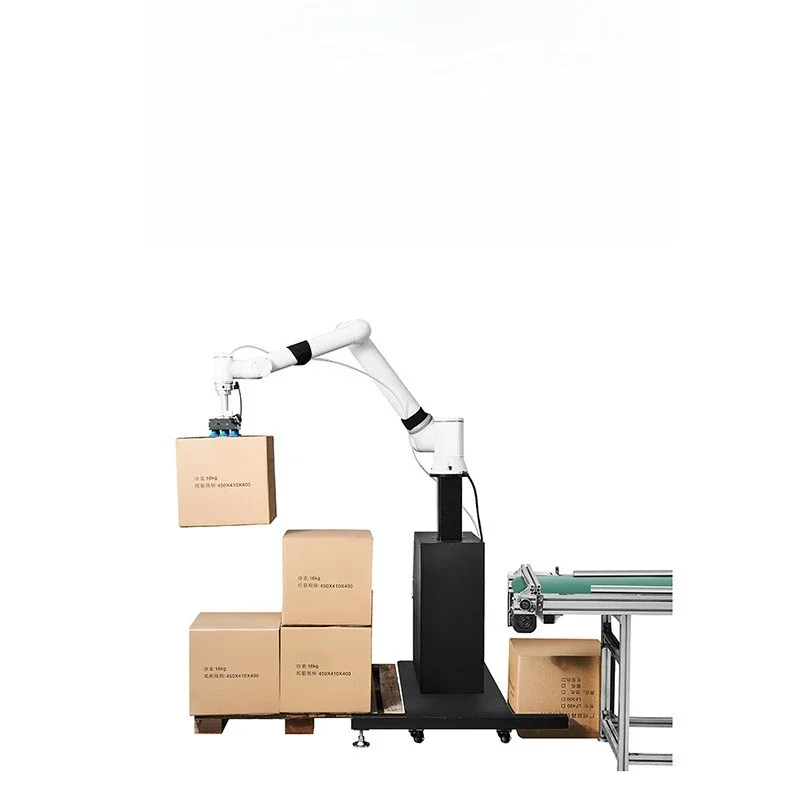 Lifting and handling robotic arm, assembly line carton handling and palletizing machine