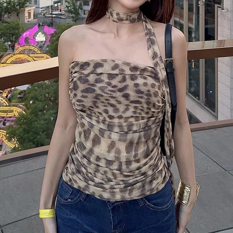 Leopardo impressão colheita topo feminino malha sem mangas sexy tubo verão vintage halter tanque superior sem costas sexy festa topos para senhoras