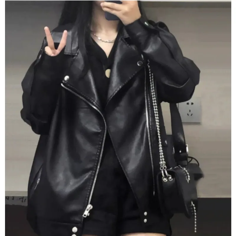 

Autumn Winter Fashion Women Solid Color Loose Causal Outerwear PU Leather Jackets European Motorcycle Faux Leather Jackets