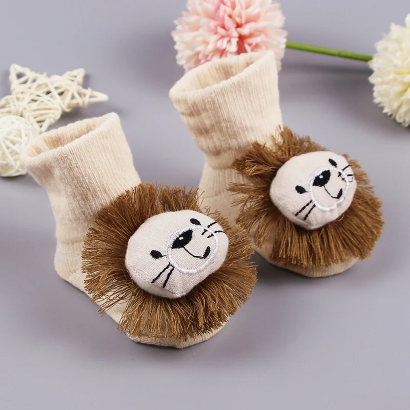 Baby Cotton Socks for Boy and Girls 0-12M Lovely Plush Cartoon Lion Decor Socks Infant Soft Skin-Friendly Absorbent Casual Socks