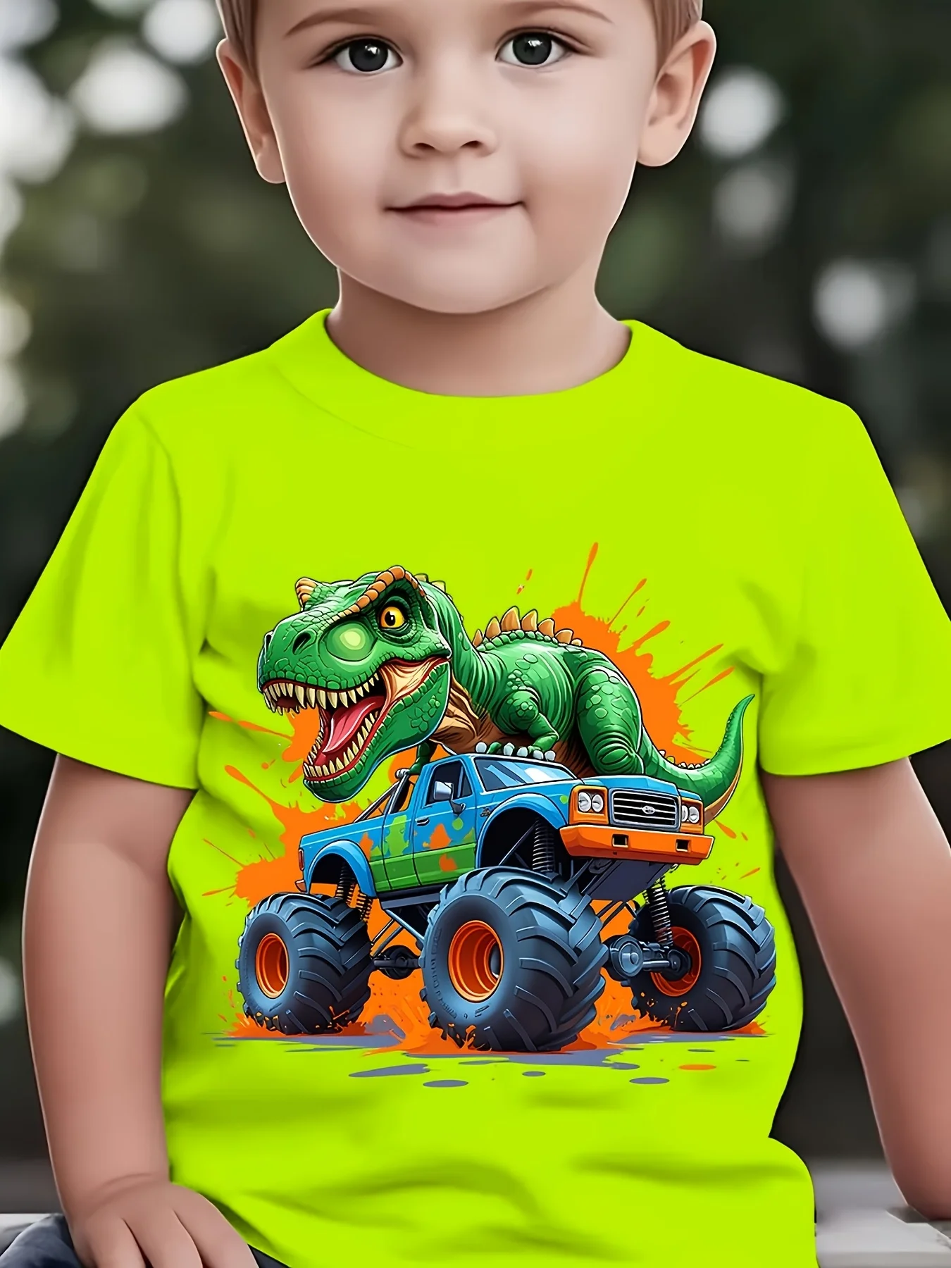 NY‑DX6121‑Boys‑Summer‑Dinosaur‑Monster‑Truck‑Cartoon‑Print‑Crew‑Neck‑Short‑Sleeve‑Casual‑Kids‑T‑Shirt