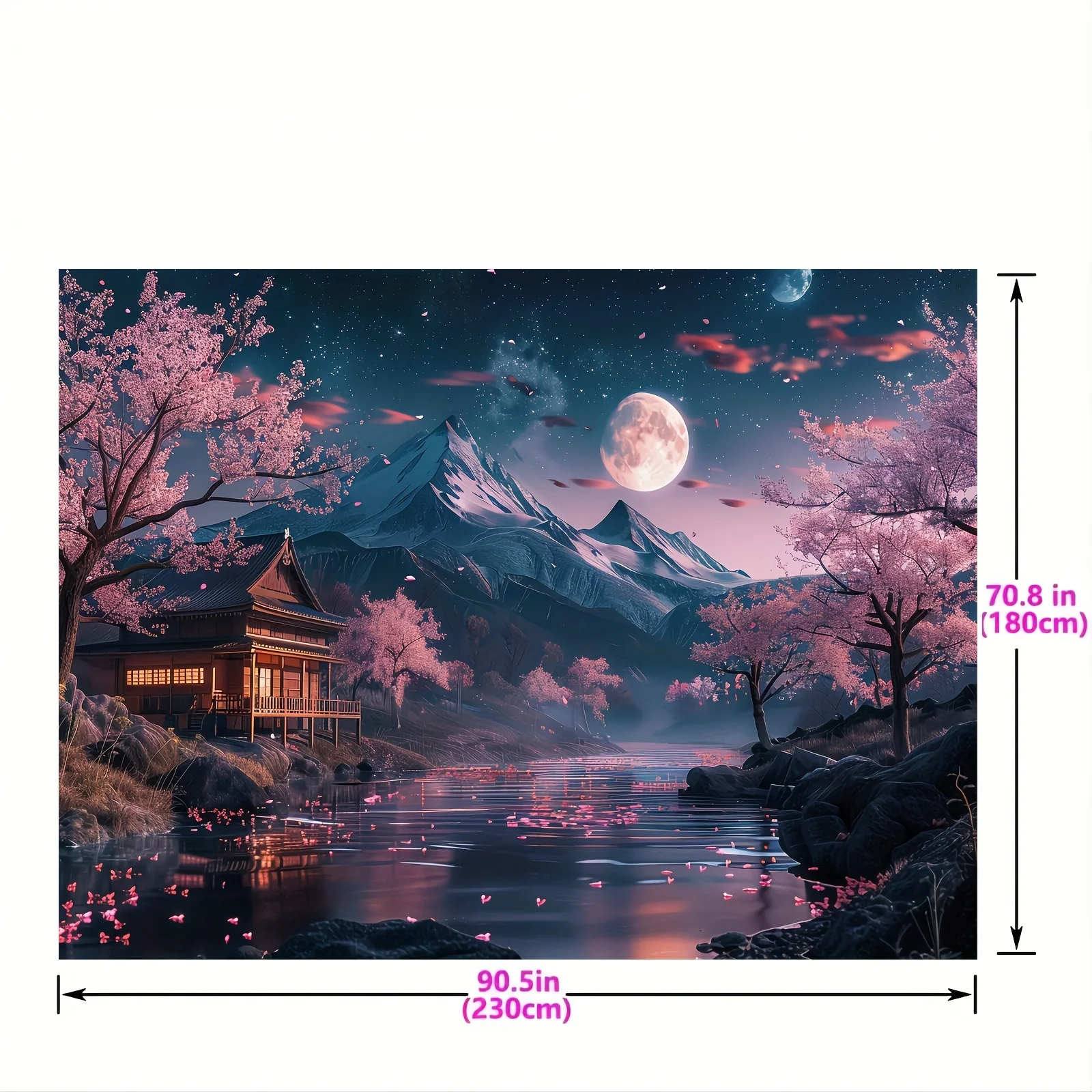 Cherry blossom Japanese landscape with moonlight night view of mountains and rivers Polyester banner multi-purpose decoration