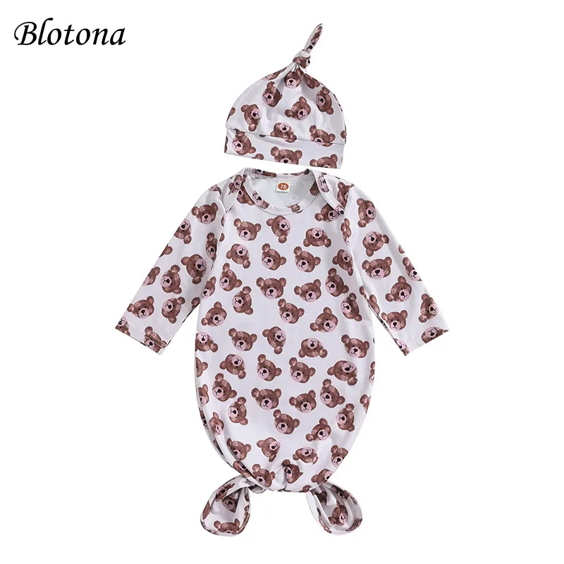 Blotona Newest Infant Baby Sleeping Bag +Hat, Cartoon Bear Print Long Sleeve O-Neck Knotted Swaddles Blanket Home Night Clothing