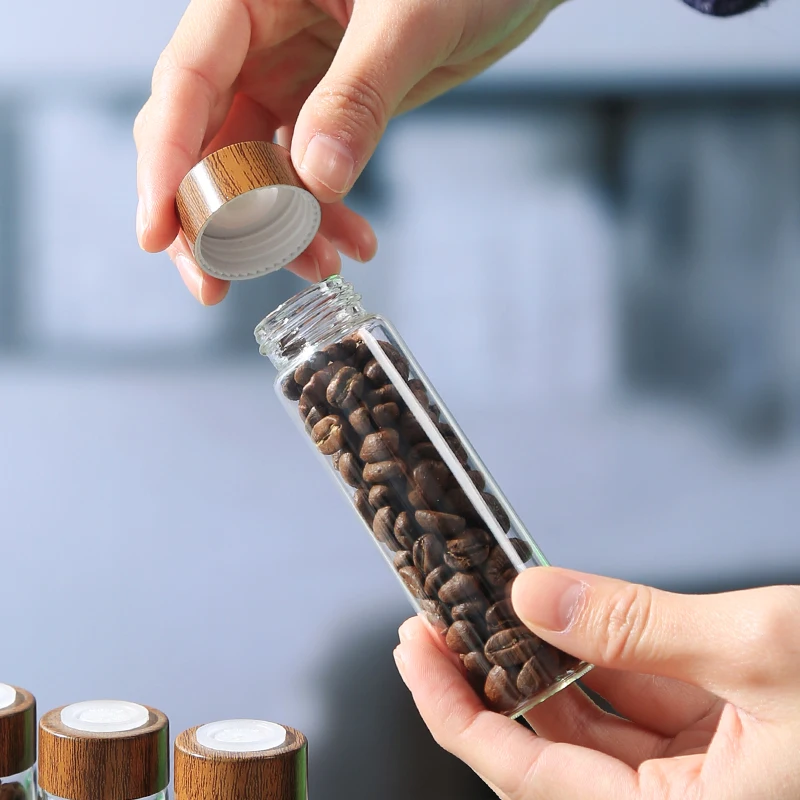 Havmore Wooden Holder 12 Testing Tubes Single Dose Coffee Bean Glass Container Wooden Stand Coffee Beans Storage Tubes