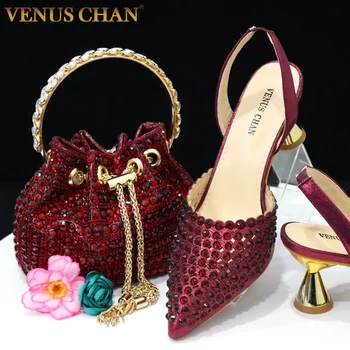 Venus Chan Pointed Toe Heels for Women 2023 Elegant Party Wine Color Full Diamond Pumps…