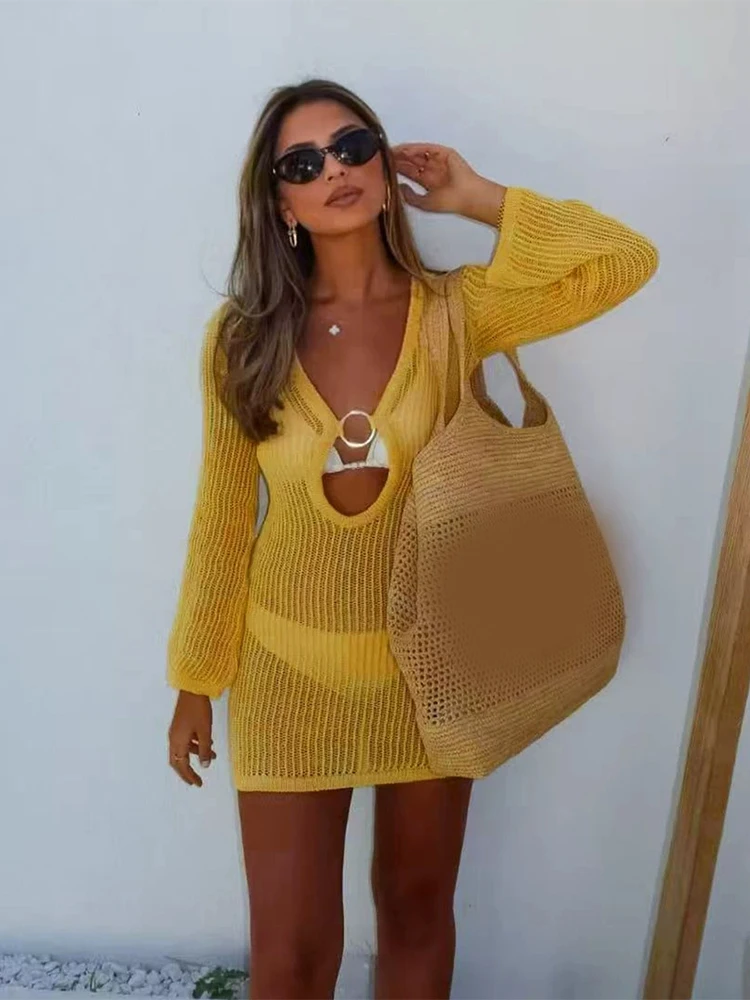 캐주얼 심플 슬림핏 파티 드레스 우아한 V넥 긴팔 니트 드레스 패션 원형 컷아웃 텍스처 솔리드 미니 드레스