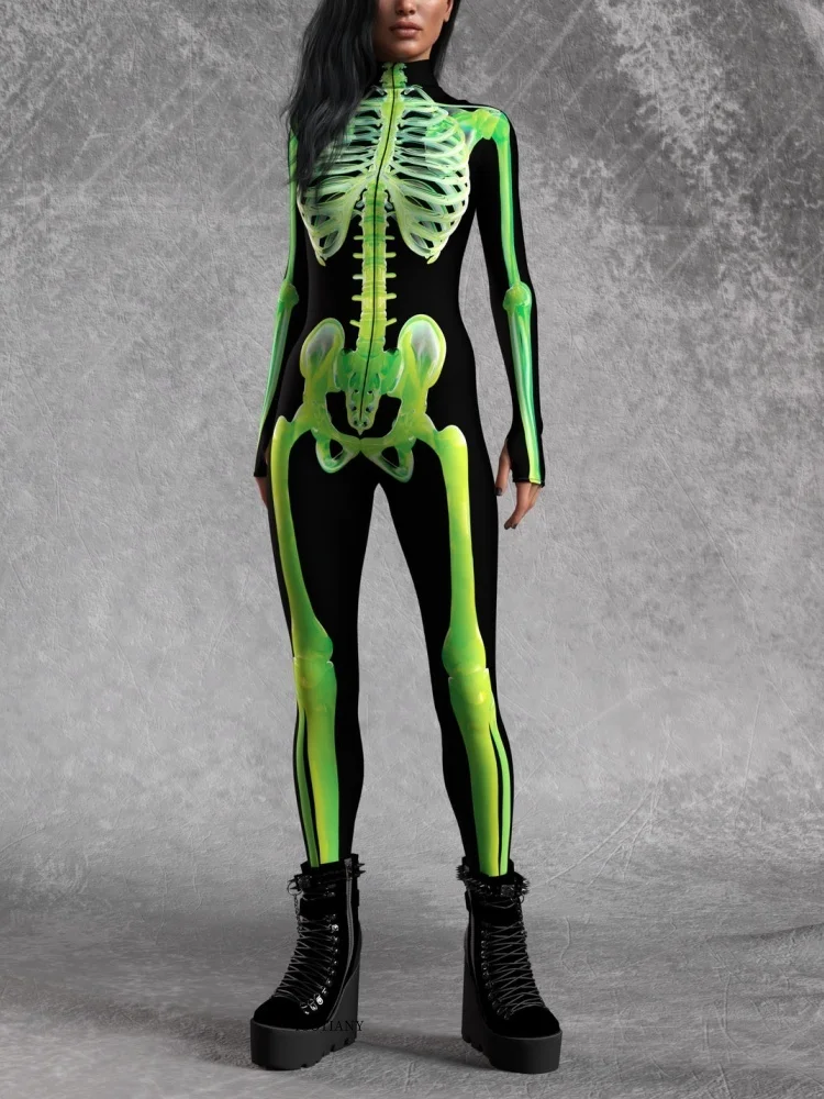 IOOTIANY Damen Grüner Sexy Horror-Skelett-Geister-Bodysuit-Set Halloween Karneval Party Aerial Bühnenauftritt Kostüm-Set – Detail 2