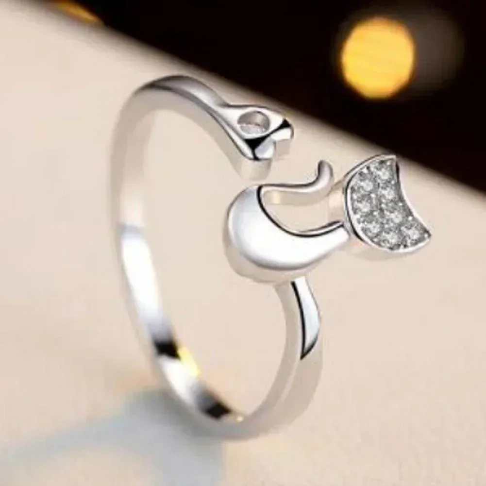 Charm Crystal Top Quality Cubic Zirconia Crystal Inlaid Cute Animal Cat Ring for Women Girls Fashion Animal Anillo De Mujer Open