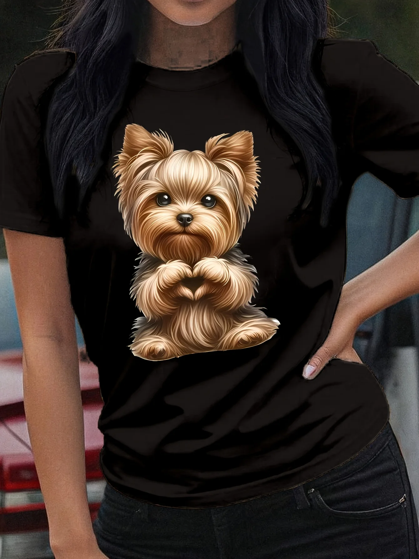 Yorkie Puppy Heart Women's Tee - Cute Dog Graphic Adorable Pet Print for Casual Daily Wear women clothing Fashion Personality