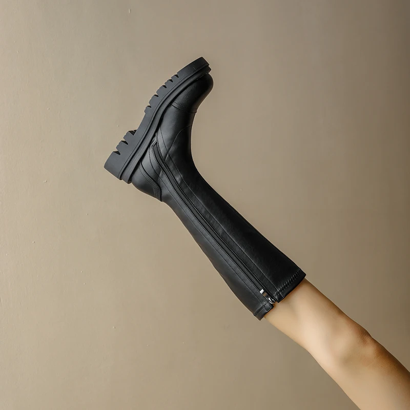 Petite Feet Stretch Women Knee High Boots Side Zipper Platform Boots Black Plus Width Oversizes Round Toe Splicing Boots