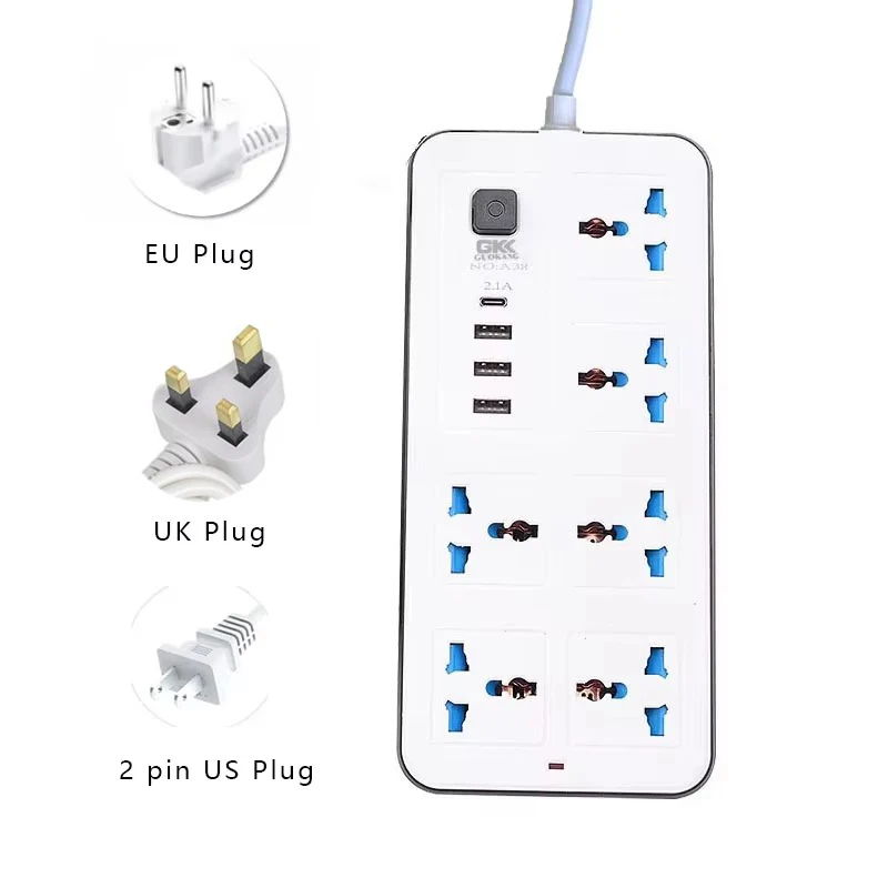 Power Multi Tap Universal Plug EU US UK Outlet Power Strip with 1.8m Extension Cord AC Type C USB Port Charge Electrical Socket