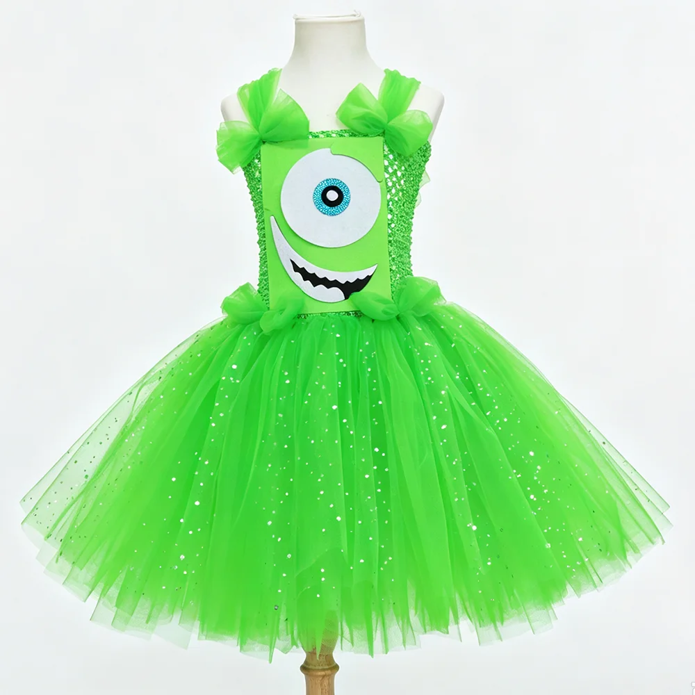 Girls Green Funny Cute Monster Fluffy Fancy Tutu Dress With Sequin Bow Ruffle Socks For Halloween Birthday Carnival Party Outfit