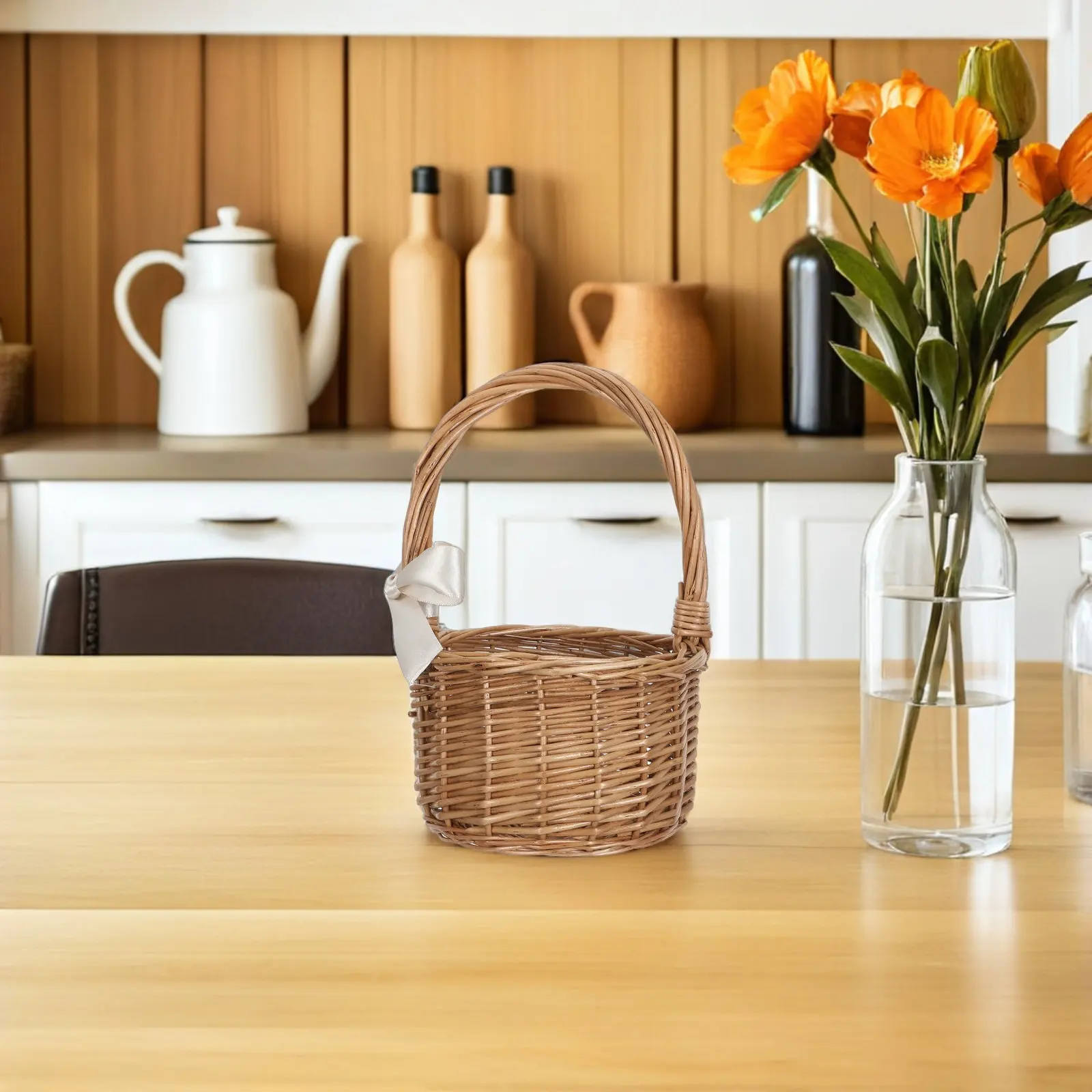 

Handwoven Round Willow Flower Basket with Sturdy Carrying Handle Vintage Decorative Woven Storage Basket for Weddings Picnics