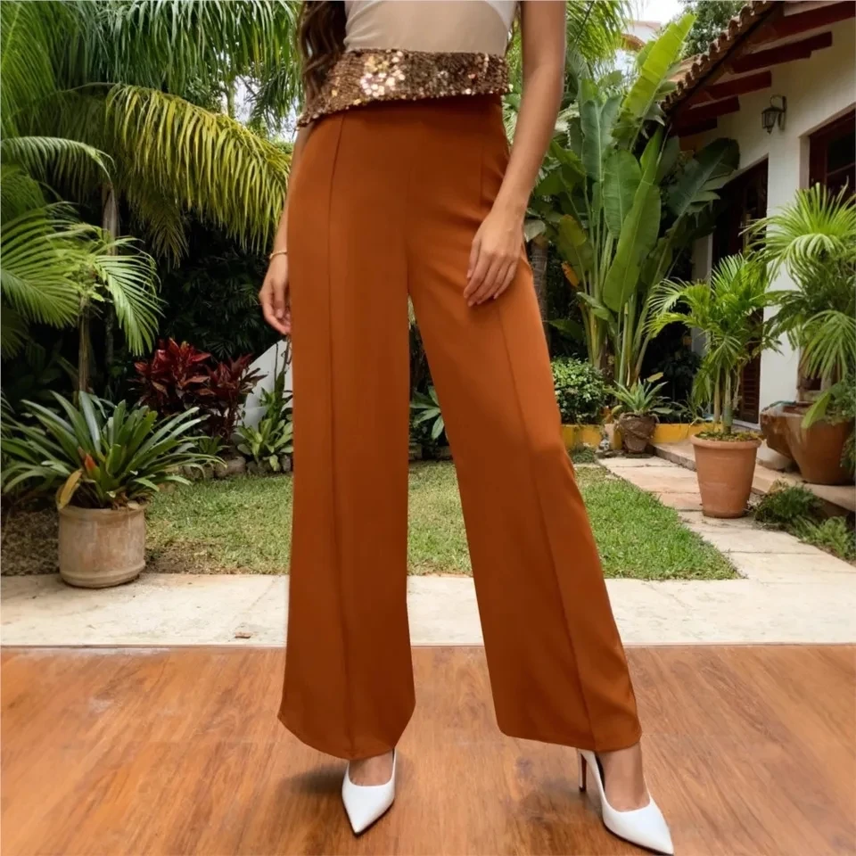 

Fashion Sequin Stitching High-waisted Trousers Women's Spring New Office Slimming High-waisted Straight-through Trousers Female