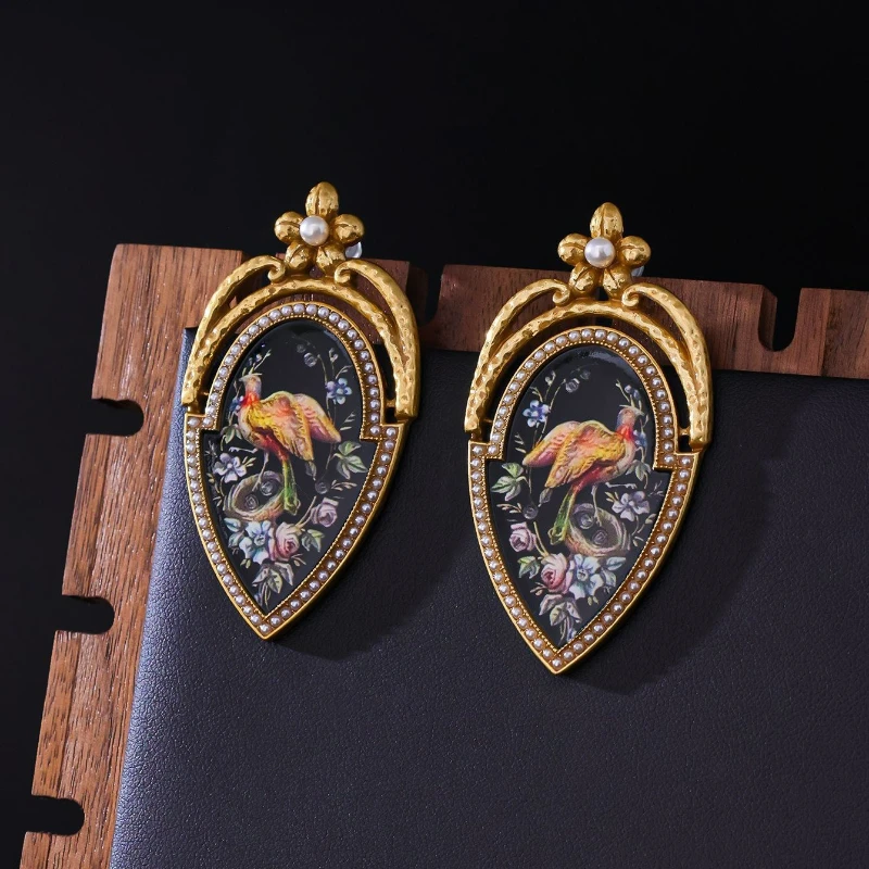 Retro Oil Painting Peacock Stud Earrings Micro Inlay Zircon Vintage Niche Fashion Ear Ornaments for Women Daily Party Gift