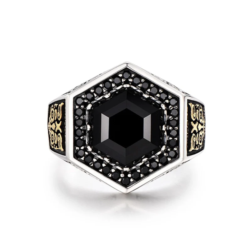 Retro Crystal Black Geometry Ring for Men Trendy and High Grade Unique Finger Rings for Men Thai Silver Jewelry Boy Gift KOFSAC