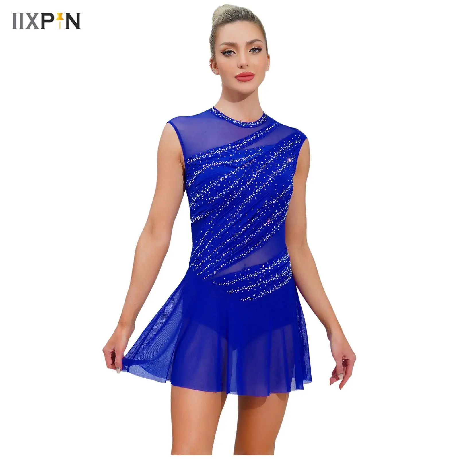 

Womens Ruched Ballet Lyrical Dancing Dress Round Collar Sleeveless Rhinestone Backless Dress for Stage Performance Competition