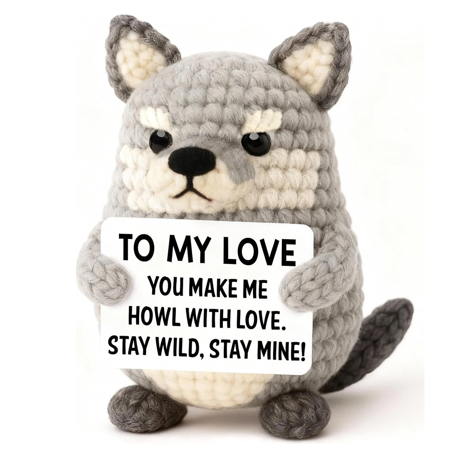 1 Piece of Handmade Crocheted Wolf Plush Toy, Comes with an Inspirational Card - Cute Little Duck and Shark Toys, Perfect as a Gift for Birthdays, Christmas, and Valentine's Day.