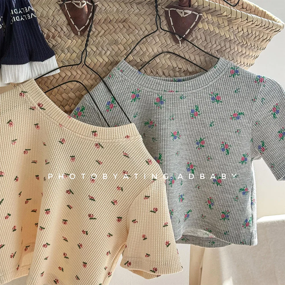 

Summer Korean Style Girls Sleeveless T-Shirt Small Floral Reactive Print Cute Casual Basic Top for Kids