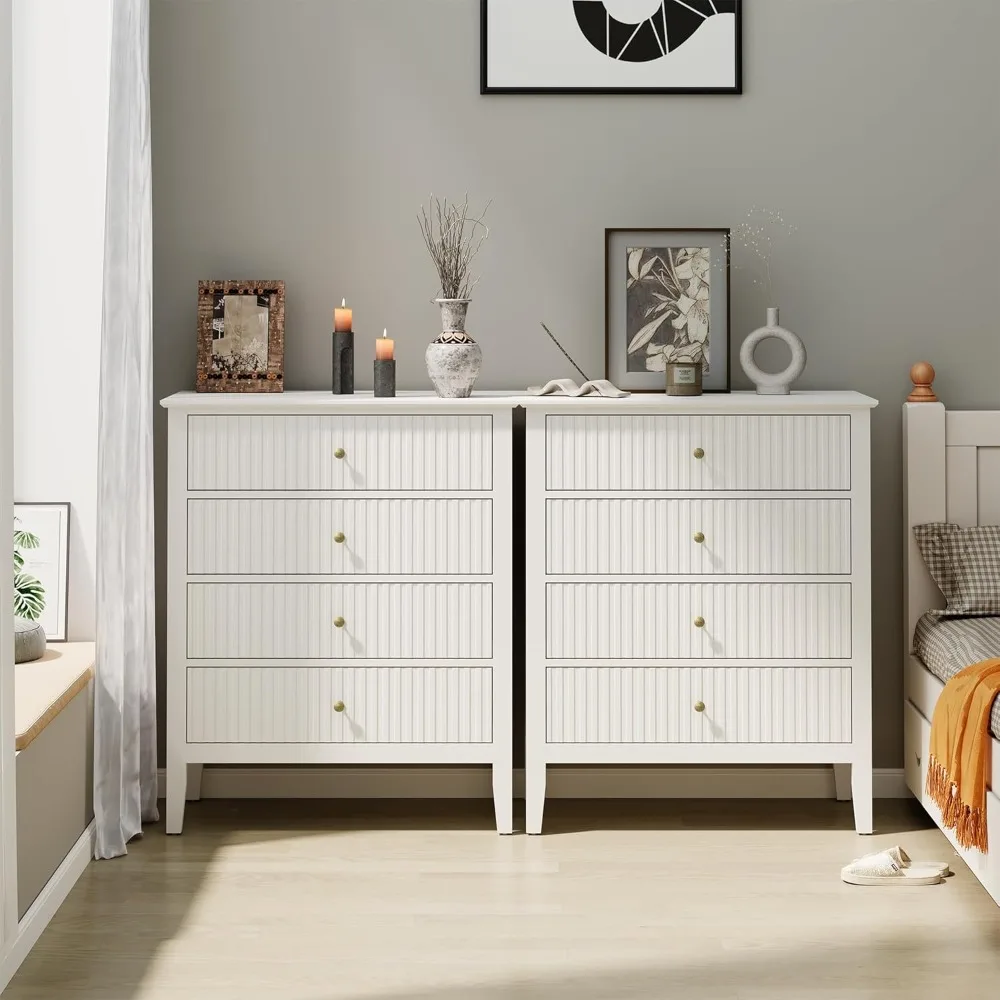 

pair of modern white fluted 4-drawer dressers for bedroom, stylish wooden chests for clothing storage