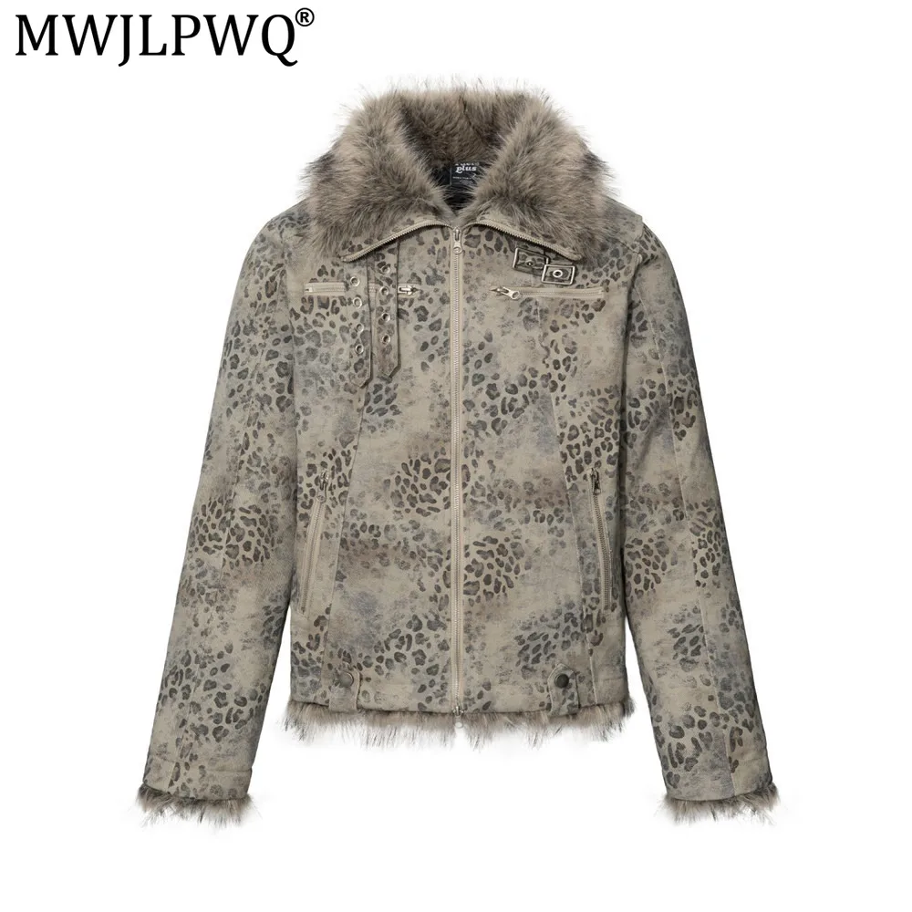 MWJLPWQ Men's Distressed Leopard Print Design Winter Jacket Stand Collar Tie-Up Zip Design Casual Long Sleeve Tops 21346