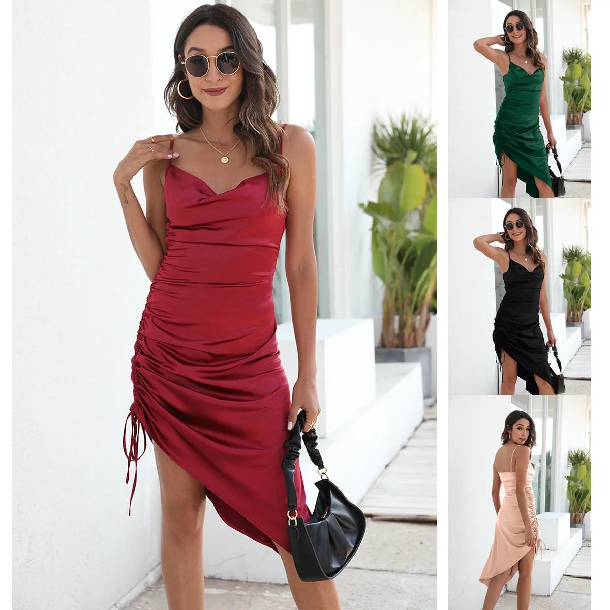 Short dresses Sleeveless dress 2024 Women's Satin Straps Sexy  Party dresses Temperament Queen Style Summer skirts sunshine