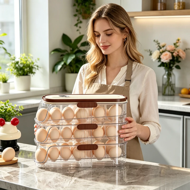Cream 3-Tier Fridge Egg Rack, Automatic Rolling Egg Organizer, Kitchen Countertop Storage, Perfect Household Gift