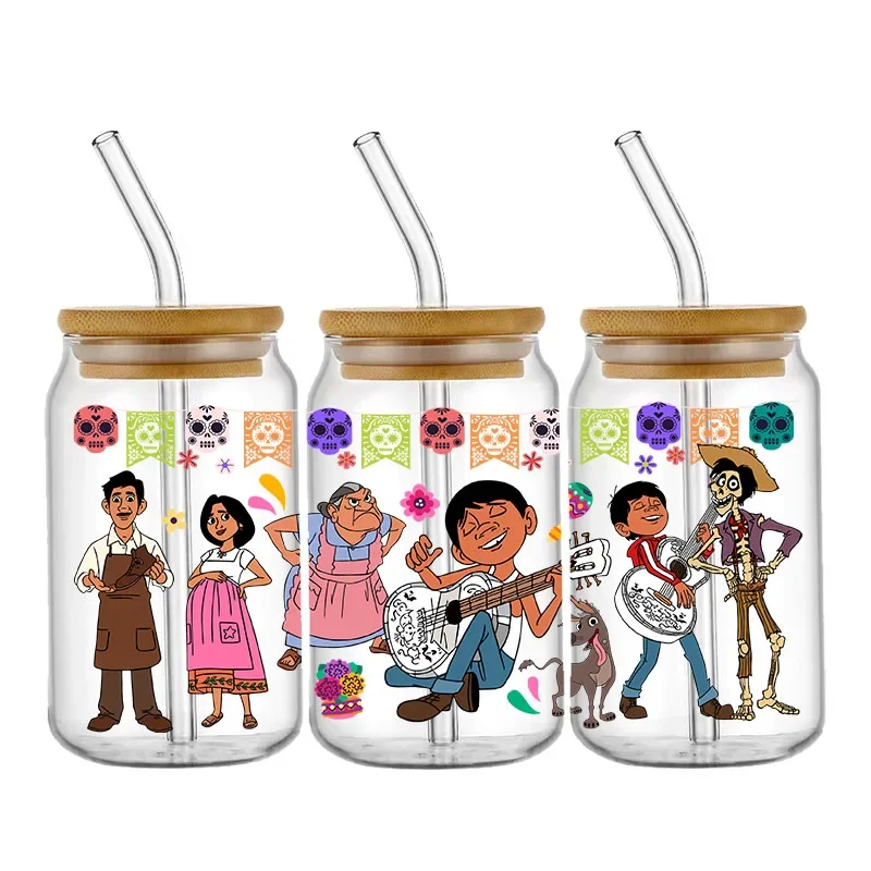 Disney Coco Film UV DTF Transfer Stickers Cartoon For 16oz Glass Libbey Cup Wraps Can Selfadhesive Waterproof Decals Wraps