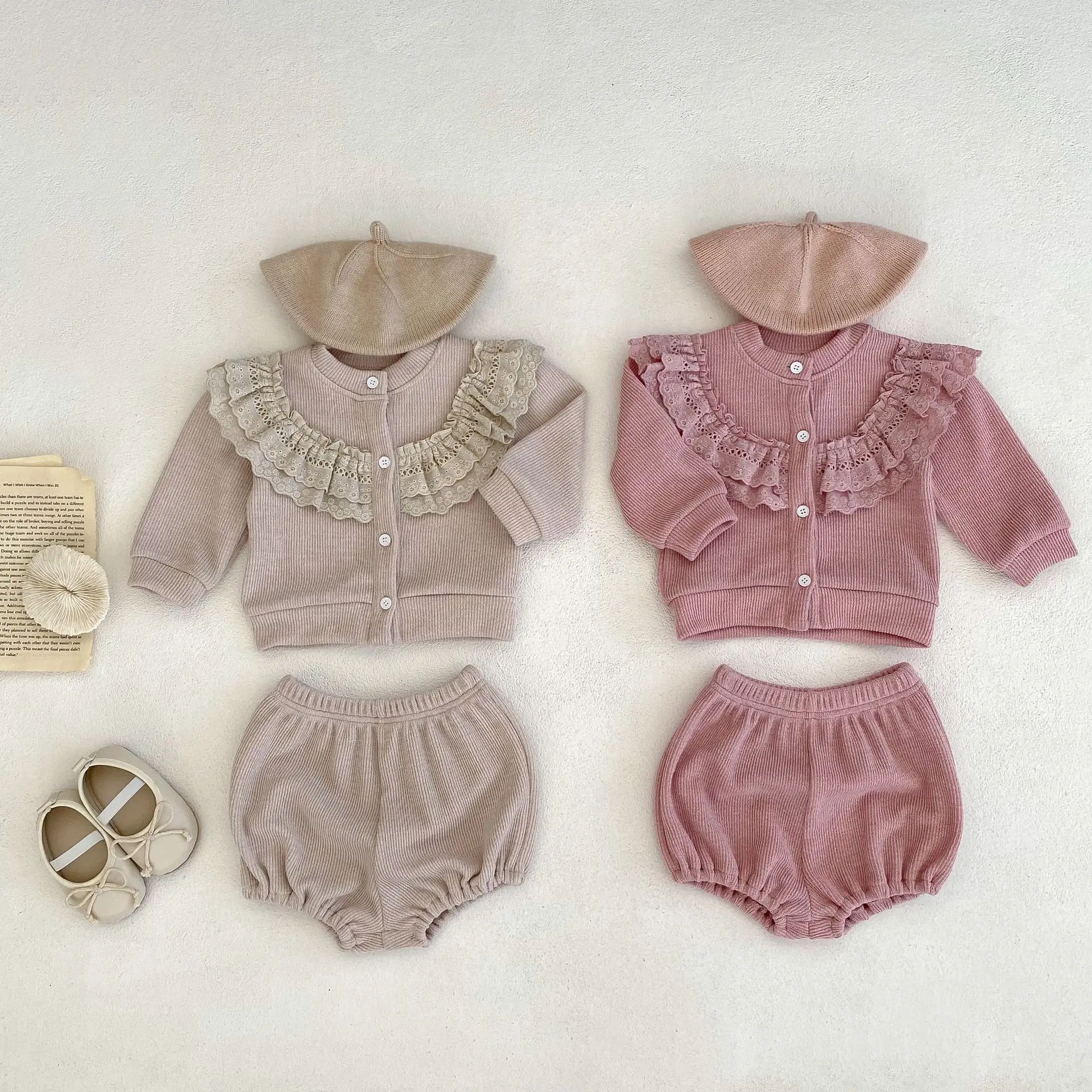 Ins 2024 Autumn Baby Girls 2PCS Clothes Set Cotton Lace Broder Long Sleeve Coat Pp Ribbed Pants Suit Toddler Girls Outfits