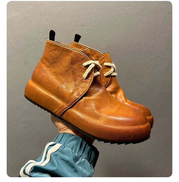 Men's Washed Horsehide Vintage Combat Ankle Boots Mid-Calf Chunky Platform Casual Brown Leather Boots | Retro Height-Increasing