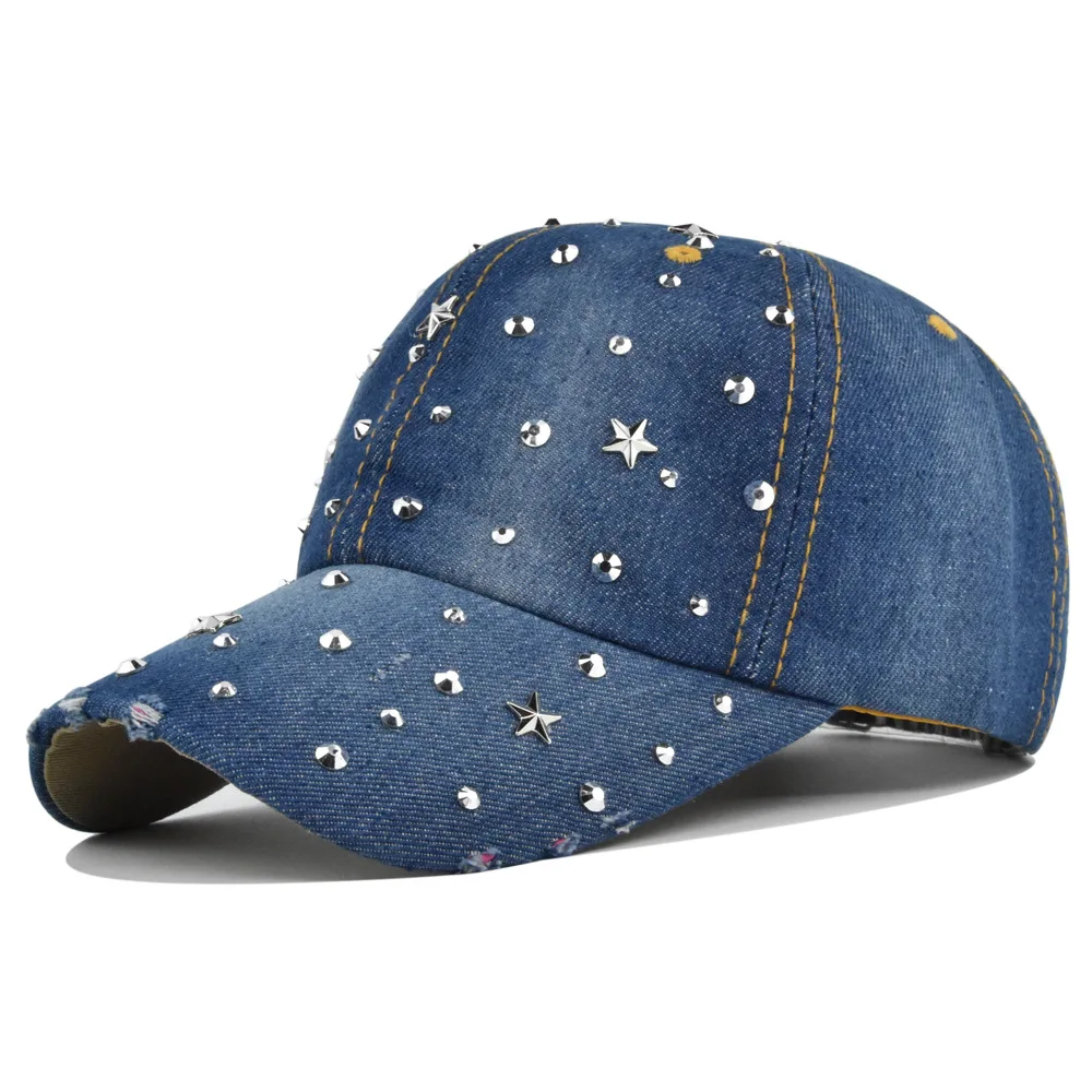 Denim Baseball Cap Women Washed Hat Vintage Rivet Star Sunshade Snapback Hats For Women Men Couple Summer Sun Hat Outdoor Casual