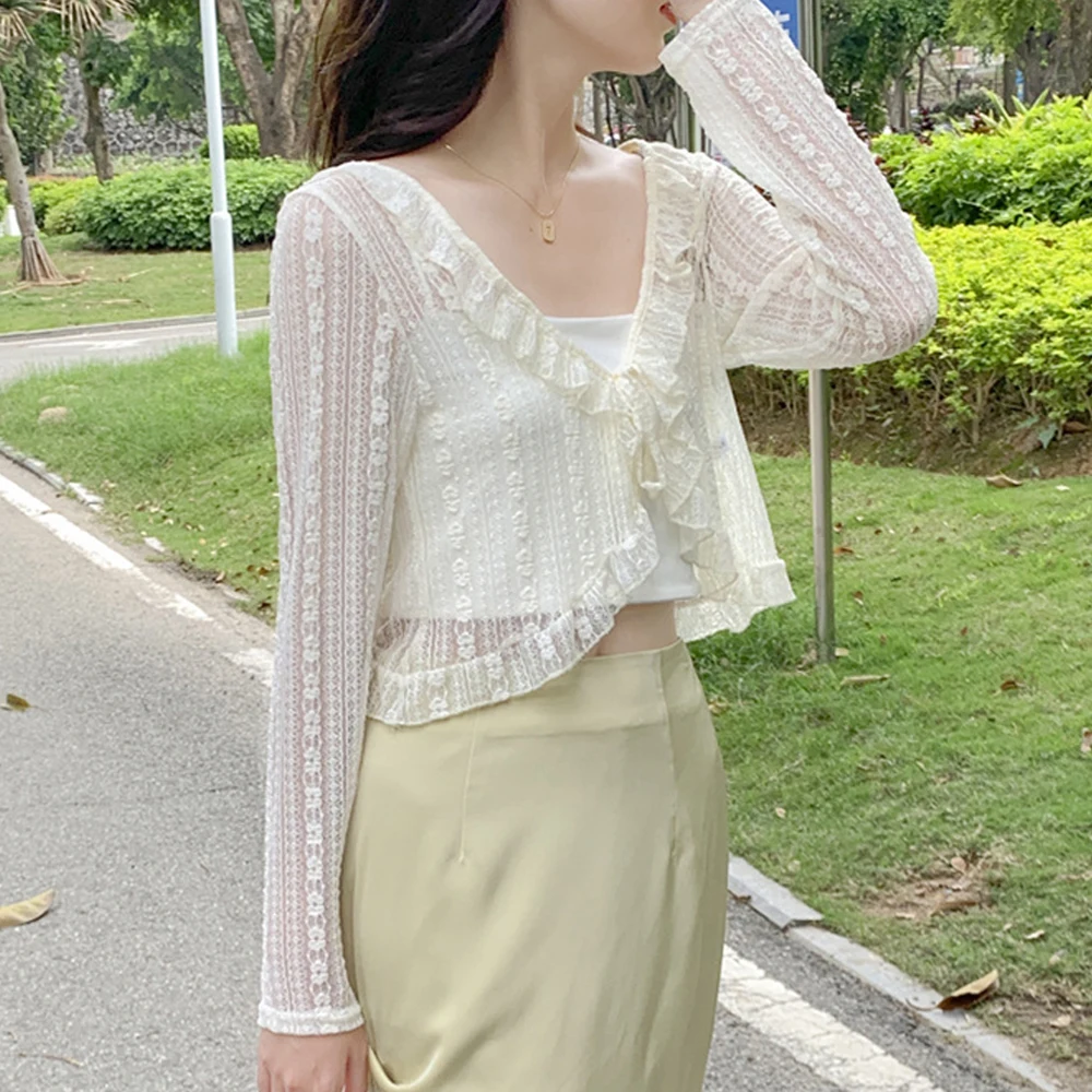 Women Summer Long Sleeve Cardigan Sunscreen Shirt White Tie Up Sheer Mesh Crop Tops Woman Chic All Match Coat Shawl TShirt Mujer