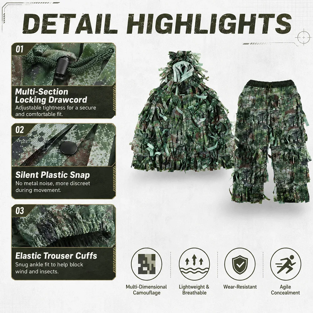 3D Leaf Strip Tactical Ghillie Suit Outdoor Hunting Camouflage Set Breathable Concealment Clothing for Airsoft CS Field Training