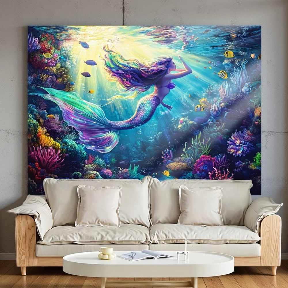 Large Mermaid Ocean Tapestry Wall Hanging Decor Vibrant Fantasy Sea Life Tropical Coral Underwater Print Polyester Fabric Art Ro