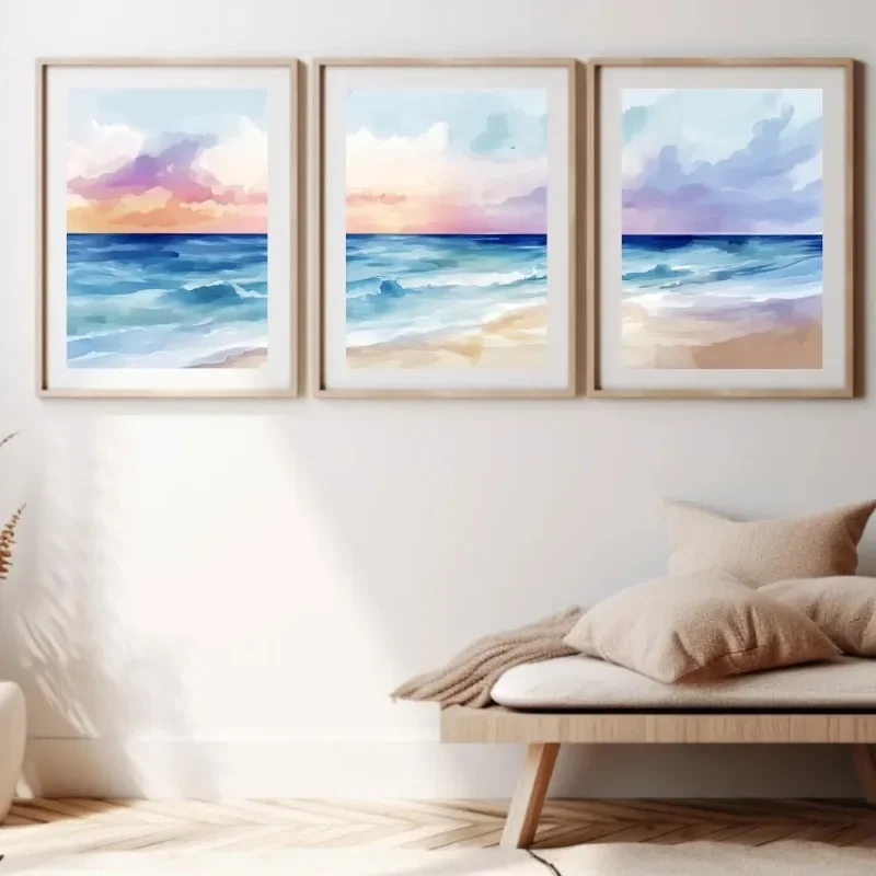 Large-sized frameless 3pcs  Pastel Sunset Print Set of 3, Coastal Beach Wall Art, Ocean Seascape Decor, Pink Sunset Triptych