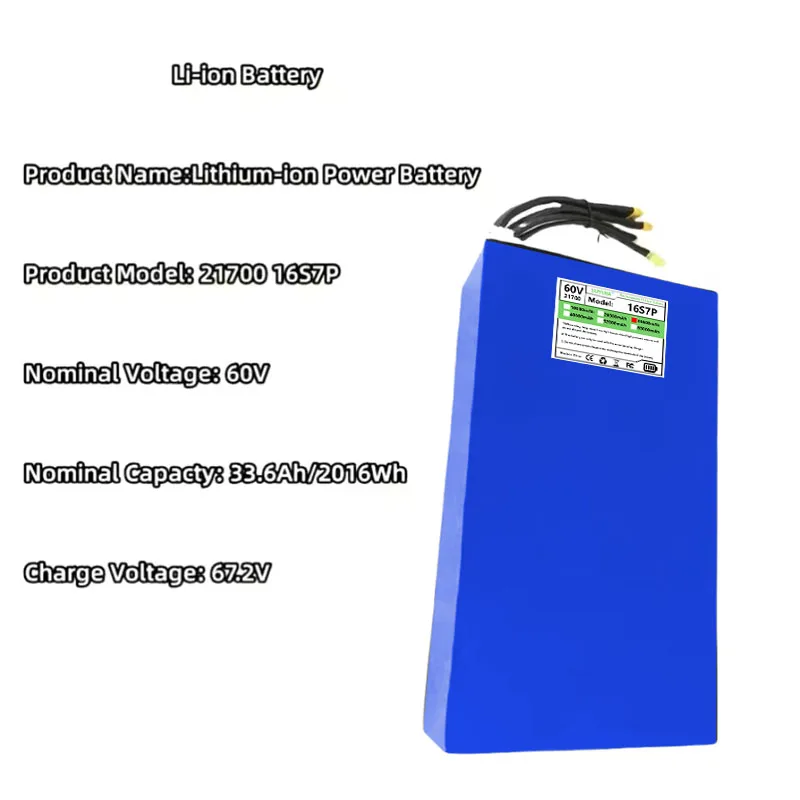 High Power Lithium Battery 21700, 60V, 33.6Ah, 2016Wh, 16S7P Power, Built-in BMS, Suitable for Tourists, Scooter Battery