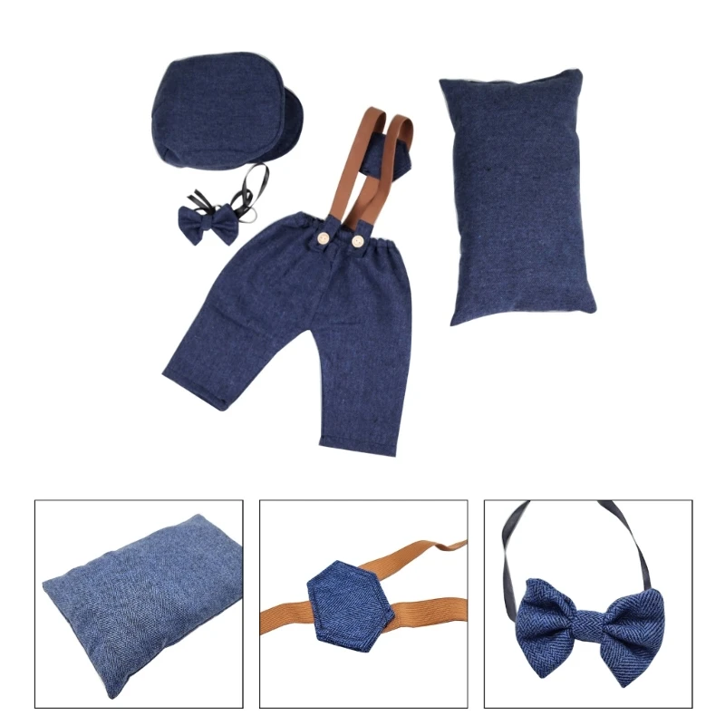 

Newborn Costume Photography Clothes Vintage Uniform Hat Suspender Pants Photo Props Posing Pillow