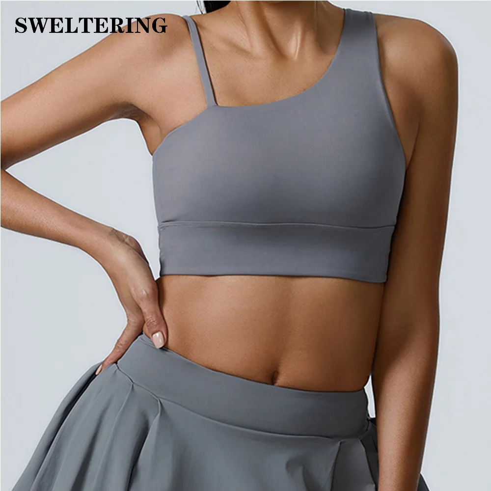 

Women Breathable Sports Bra Anti-Sweat Fitness Top Yoga Bra Shockproof Crop Top Push Up Slant Shoulder Sport Bra Gym Workout Top