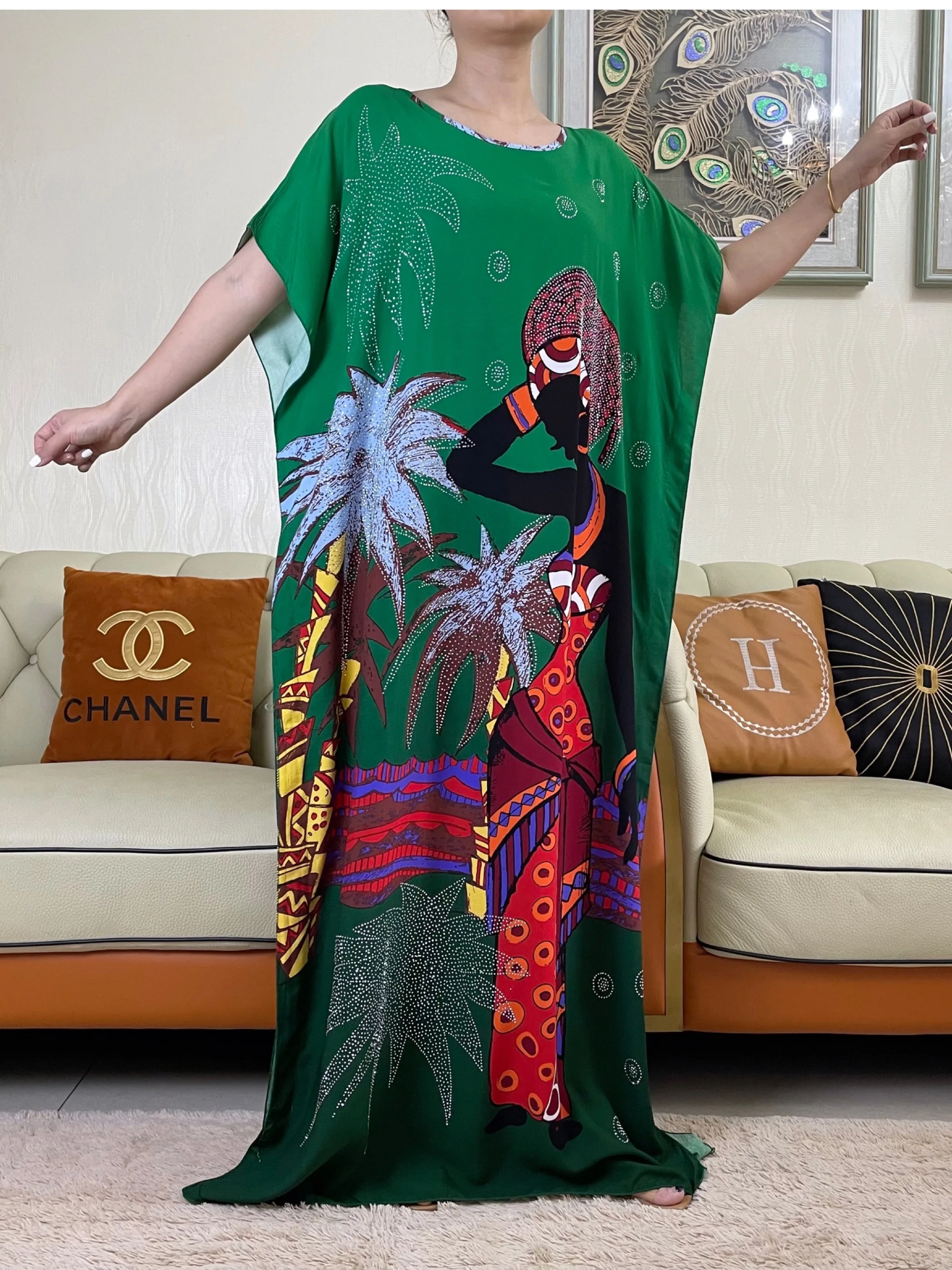 2023African Women\'s Summer Dress With Big Scarf Diamond Cotton Abaya Printed Fabric Muslim Femme Maxi Casual Outfit