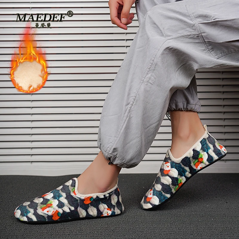 MAEDEF Men Winter Warm Indoor Slip-on Cotton Shoes Christmas Gift for Men Women Plush Slides Soft Home Shoes Leisure Flats Shoes