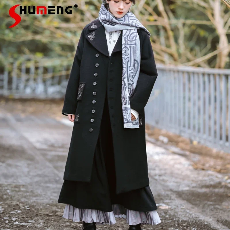 

Embroidery Multi-button Wool Long Top Chaquetas Design Sense New Chinese Black Coat Women's 2024 New Winter Woolen Trench Jacket