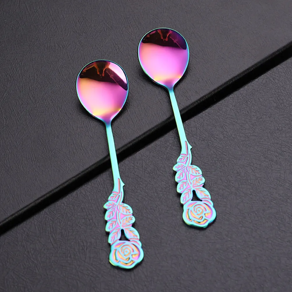 

3Pcs Sweet Dessert Spoon Stainless Steel Rose Handle Mini Coffee Spoon Mirror Surface Creative Flatware for Home Restaurant