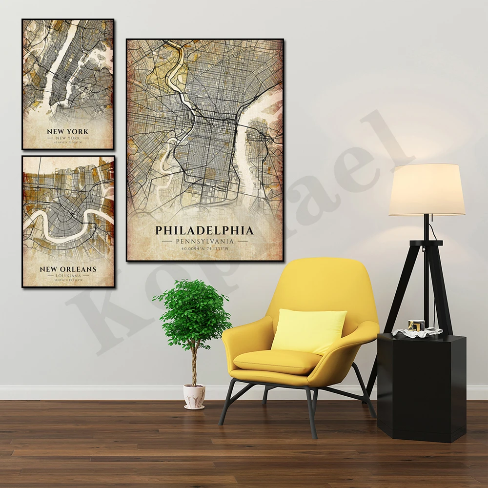 Santa Fe Pittsburgh New York New Orleans Philadelphia Miami Camden Ancient Milwaukee Boston Nashville. City Map Canvas Painting